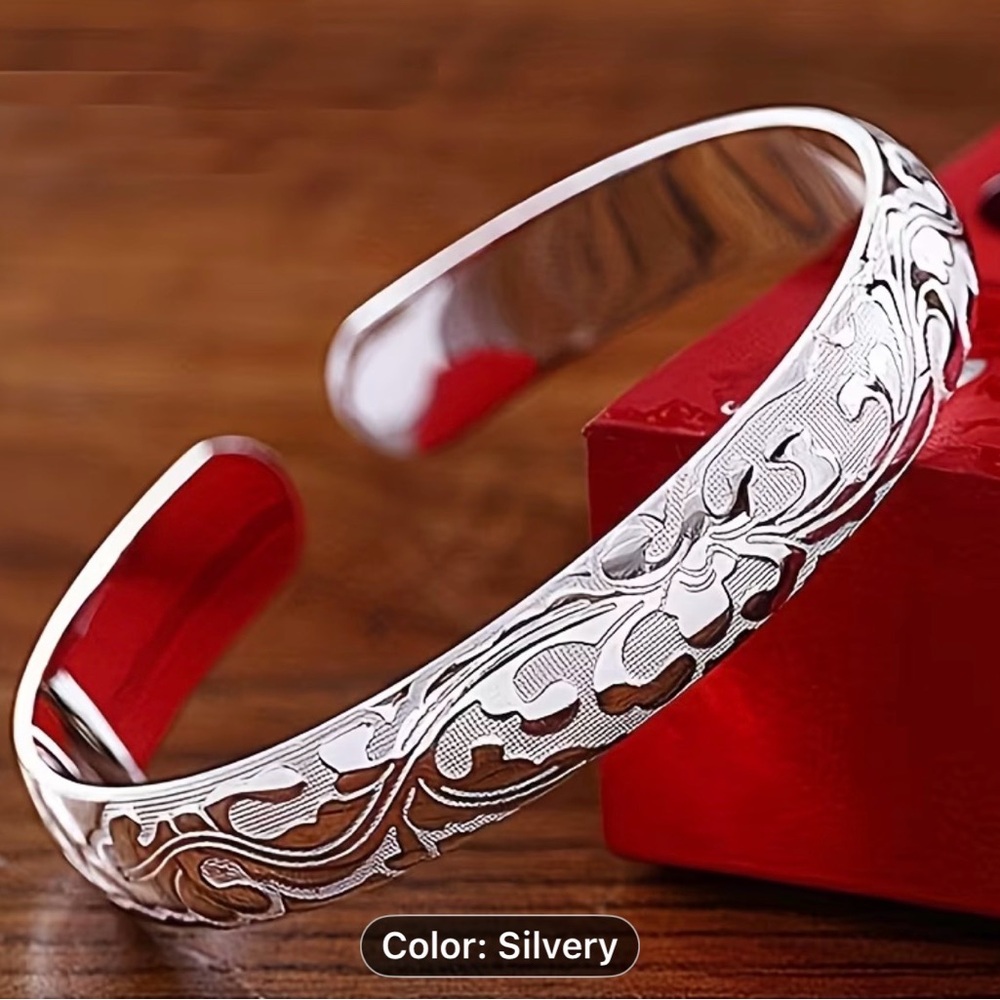 Silver Floral Engraved Cuff Bracelet - Women Jewelry